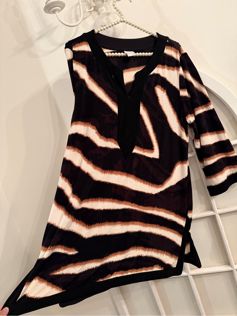 Chico's Traveler Collection Zebra Print Split Neck Tunic Blouse Boho Size 12-14
